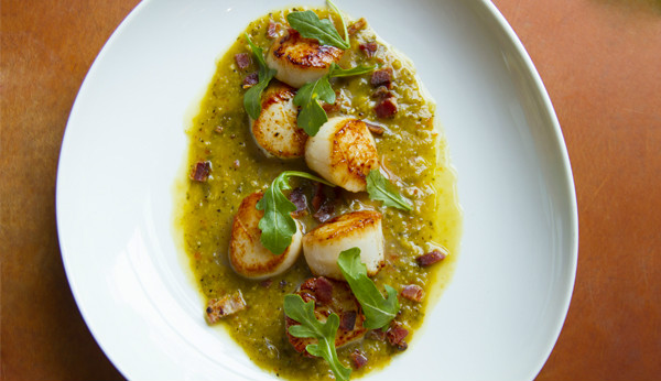 Seared Sea Scallops with Roasted Tomatillos and Green Olives