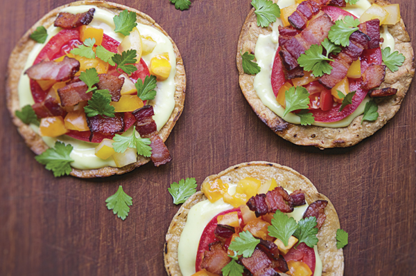 Grilled Tostadas with Bacon, Avocado Mayo and Heirloom Tomatoes