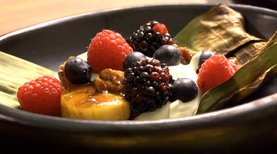Honey-Grilled Plantains with Toasted Pecans, Cream and Berries