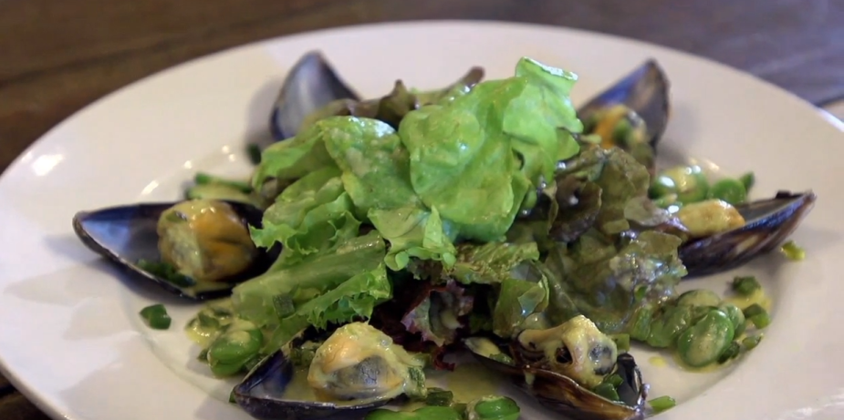 Green Olive Dressed Salad with Mussels and Fava Beans