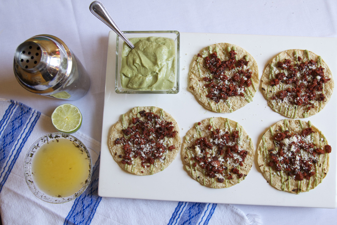 Almost Oaxacan Grilled Tostadas with Chorizo, Tangy Guacamole and Fresh Cheese