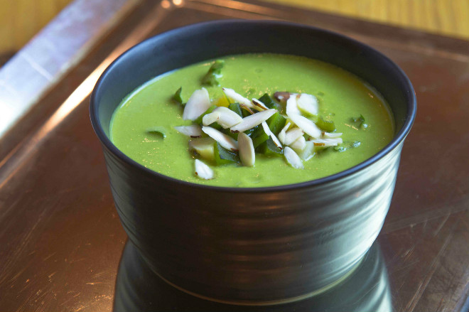 Mustard Greens Soup with Poblano and Almond