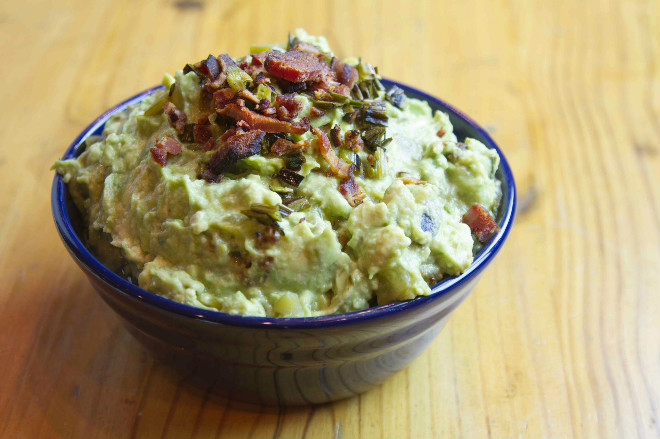 Guacamole with Bacon, Grilled Ramps (or Green Onions) and Roasted Tomatillo