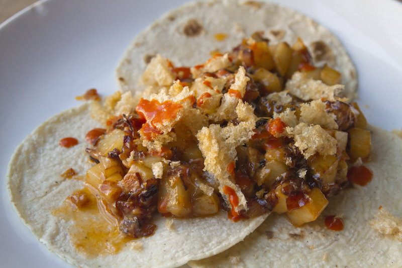 Potato Tacos with Bacon, Chicharrón and Cheese