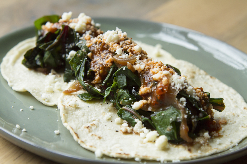 Swiss Chard (or Spinach) Tacos with Caramelized Onion, Fresh Cheese and Red Chile