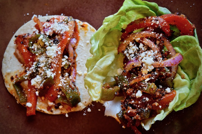 Tacos of Roasted Red Pepper Salad with Chorizo Dressing