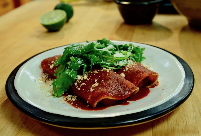 Red Chile Enchiladas with Shellfish and Fresh Garnishes