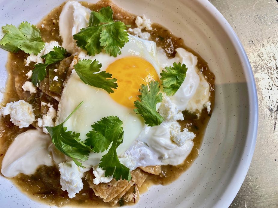Roasted Tomatillo Chilaquiles with Goat Cheese