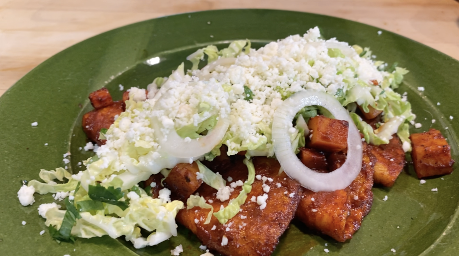 Seared Red-Chile Enchiladas with Tangy Potatoes, Carrots and Fresh Cheese