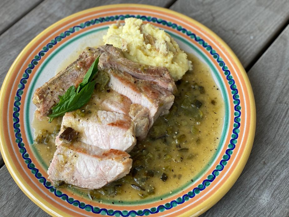 Seared Pork Chops with Roasted Poblano, Tomatillo and Nopal Cactus